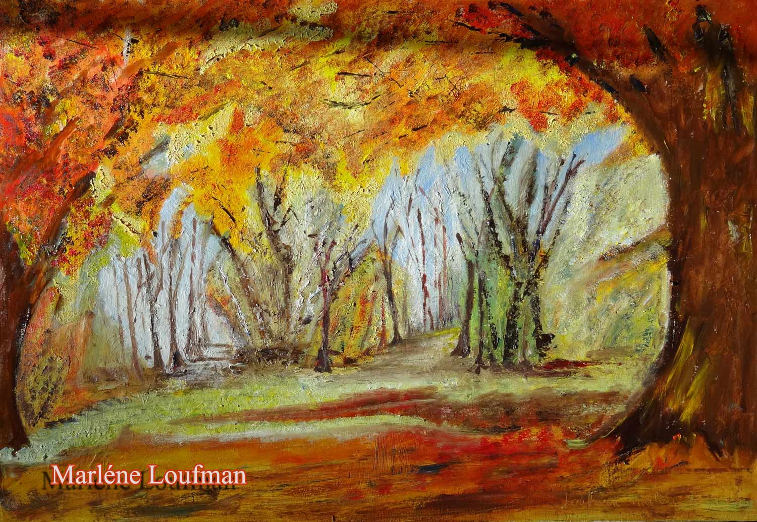 N&deg; 17 - tableau de sous bois d'automne avec rayons de soleil de Marl&egrave;ne Loufman